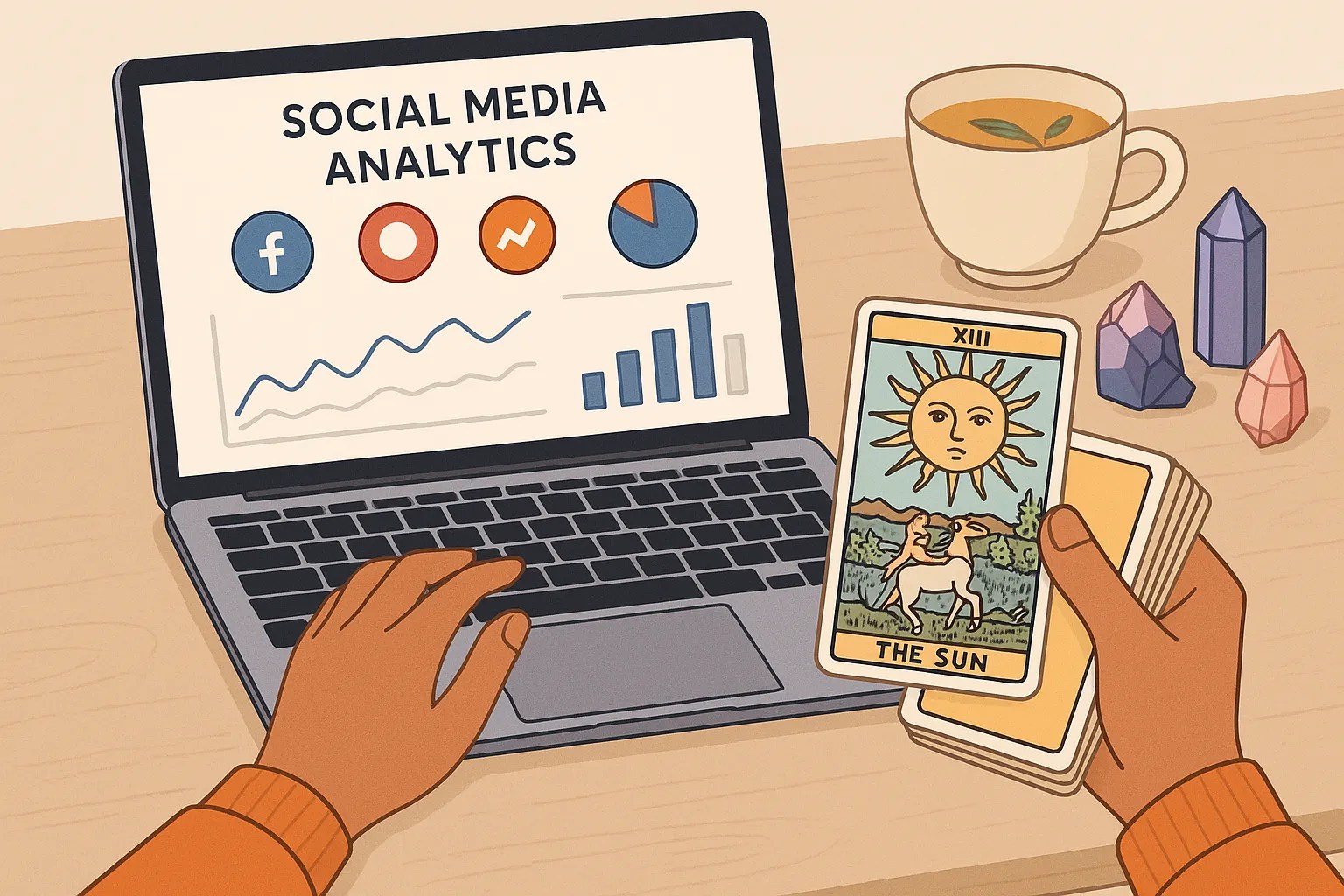 A modern desk scene showing a marketer analyzing social media analytics on a laptop while holding a tarot deck, with crystals and a cup of herbal tea nearby.