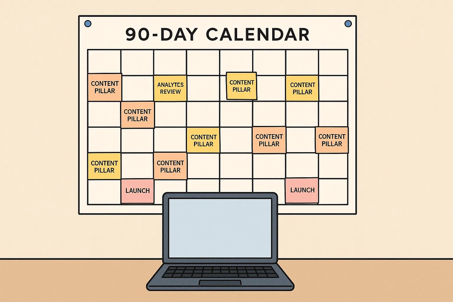 Illustrated 90-day wall calendar pinned above a laptop, with color-coded sticky notes marking content pillars, analytics review dates, and launch milestones.
