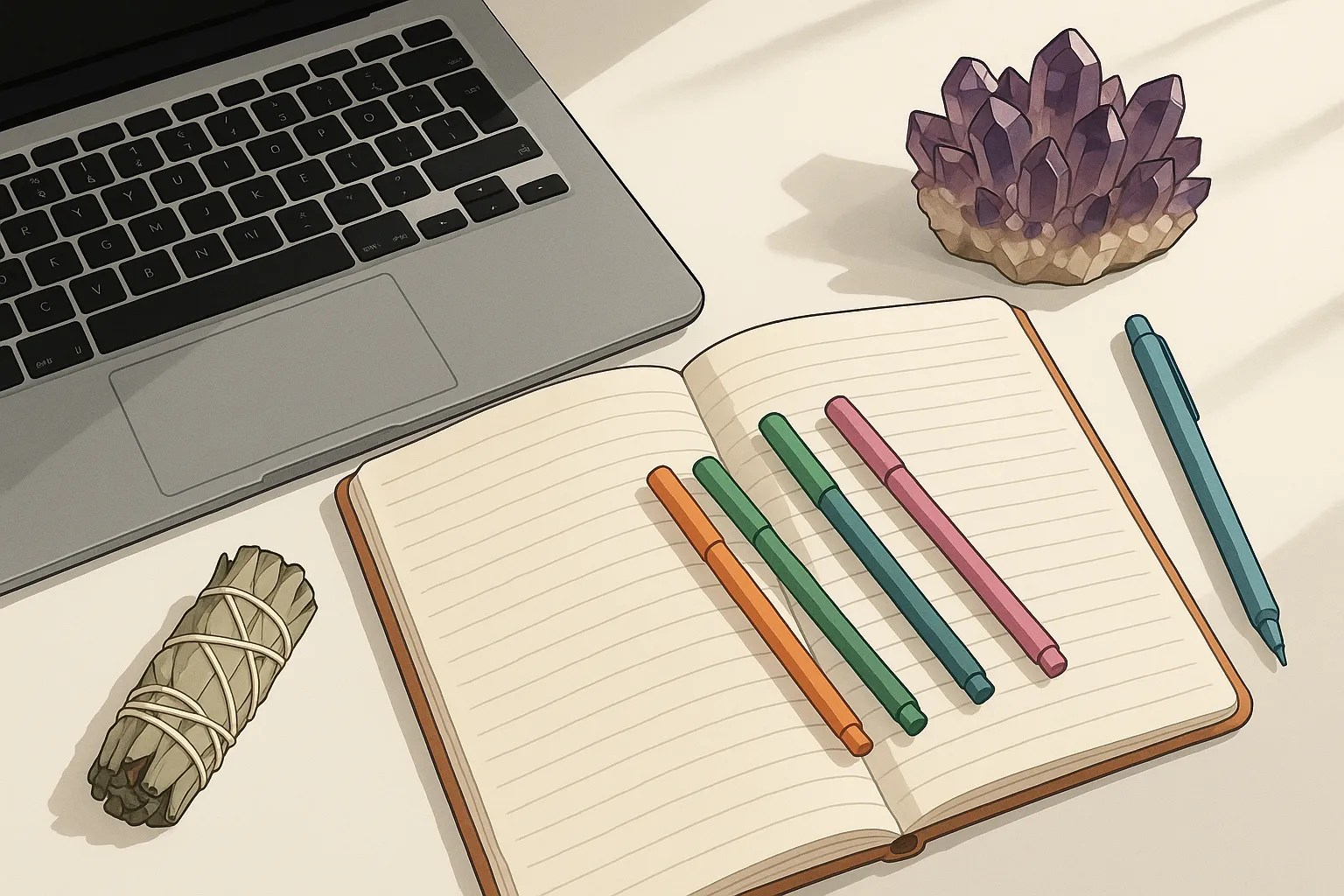 A neatly arranged flat lay on a white desk featuring a laptop partially in frame, an open journal with colorful pens, a small bundle of sage, and a crystal cluster, all lit by soft natural light coming from the side.