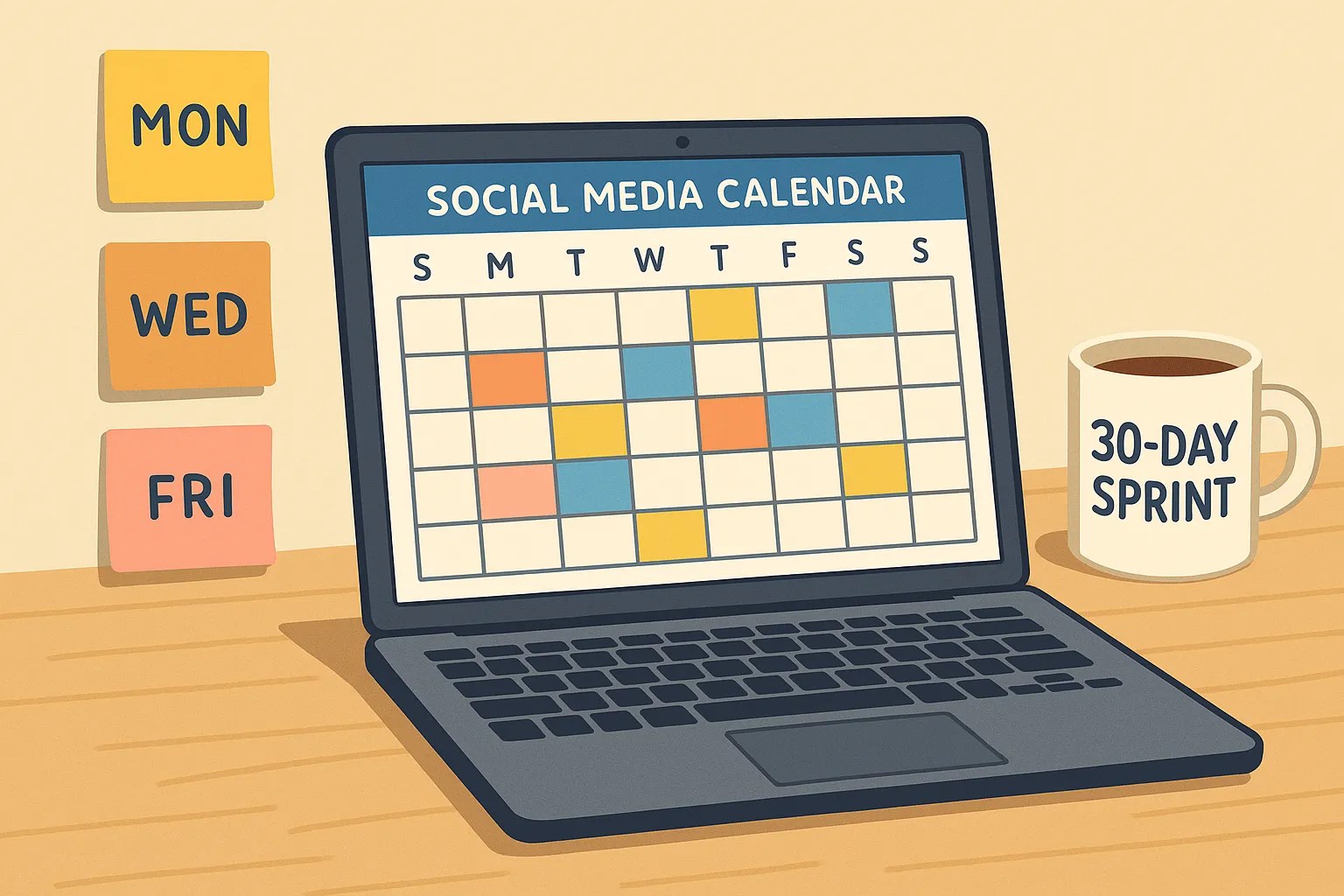 A desk scene with a laptop displaying a colorful social media calendar, sticky notes labeled with weekly milestones, and a coffee mug that reads “30-Day Sprint” to symbolize a fast, organized planning process.