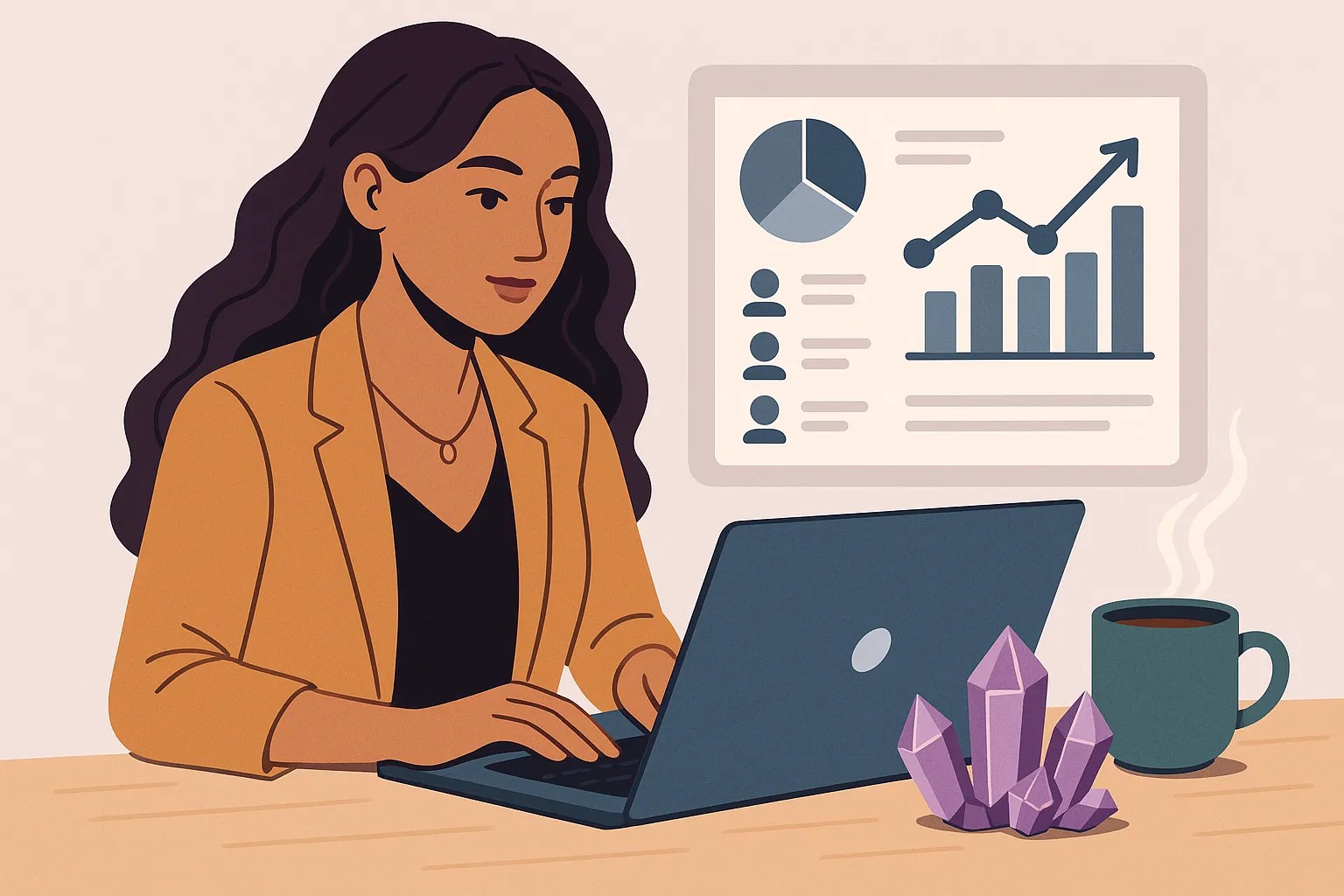 Female entrepreneur reviewing social analytics on a laptop, crystals and a steaming mug of herbal tea beside her, conveying a balance of data and spirituality.