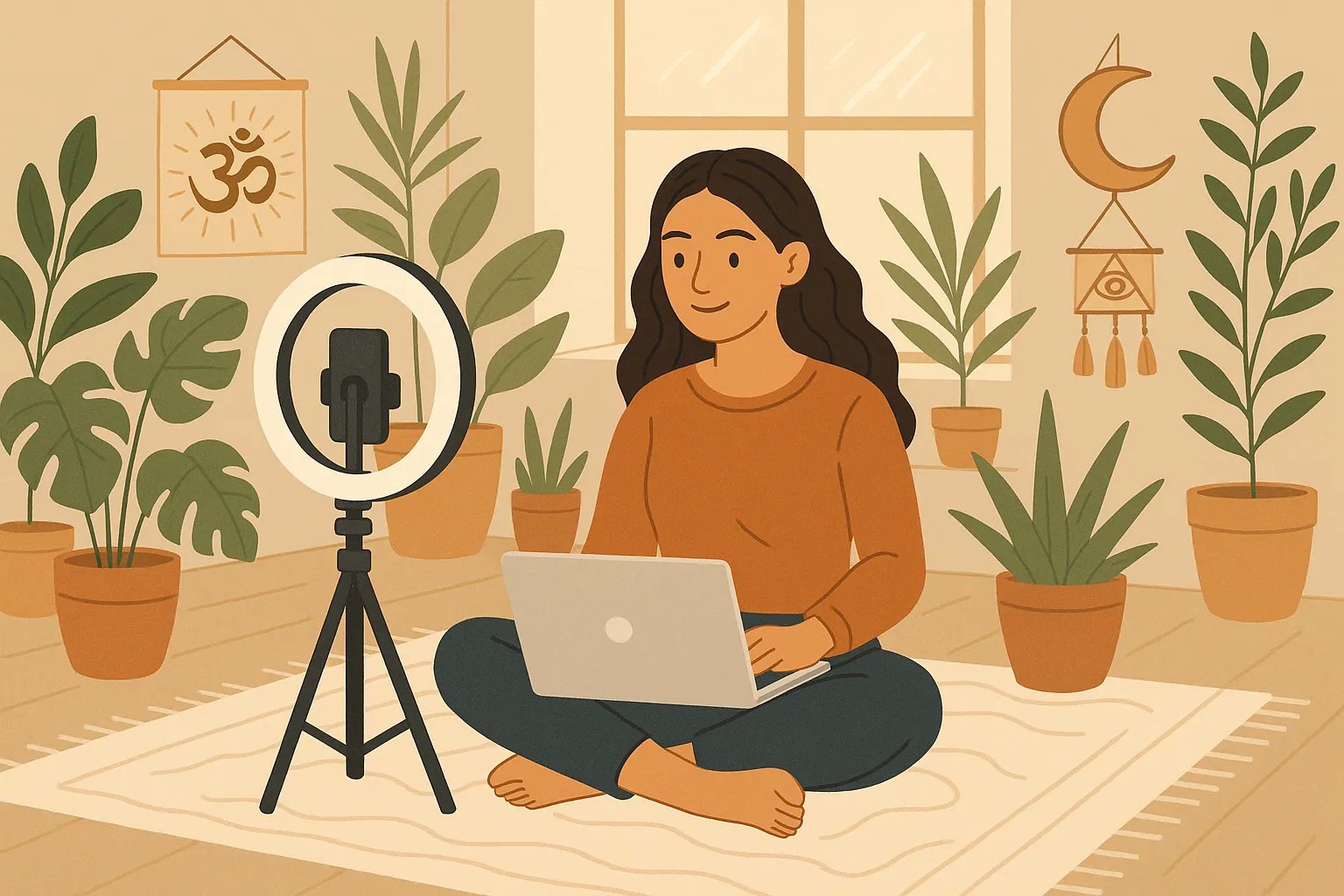 A female entrepreneur sitting cross-legged on a cozy rug with a laptop, tripod, and ring light in front of her, filming a short social media video in a sunlit studio filled with plants and spiritual decor.