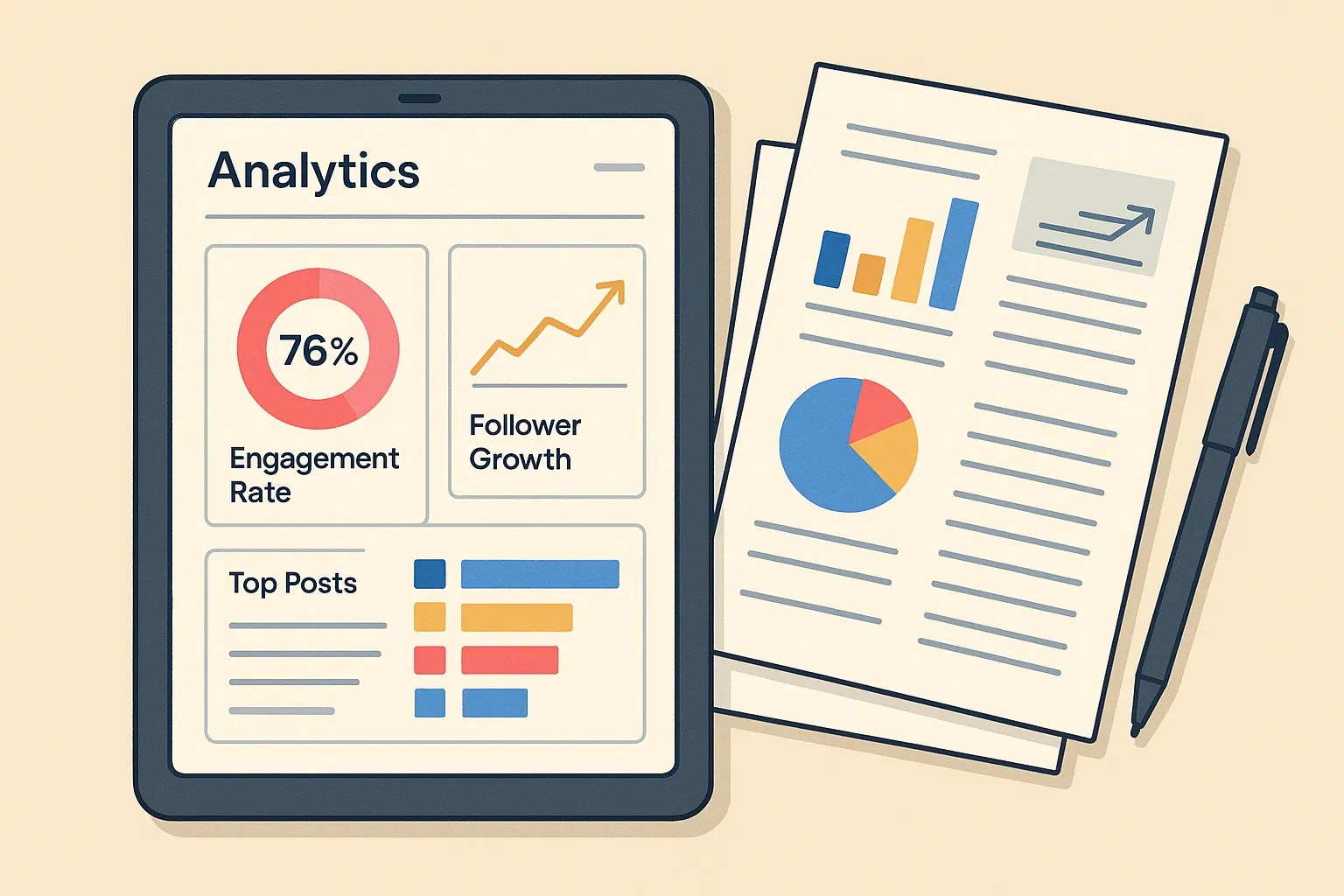 A tablet showing a colorful analytics dashboard with metrics like engagement rate, follower growth, and top-performing posts, placed next to printed reports and a pen to represent data-driven decision making.